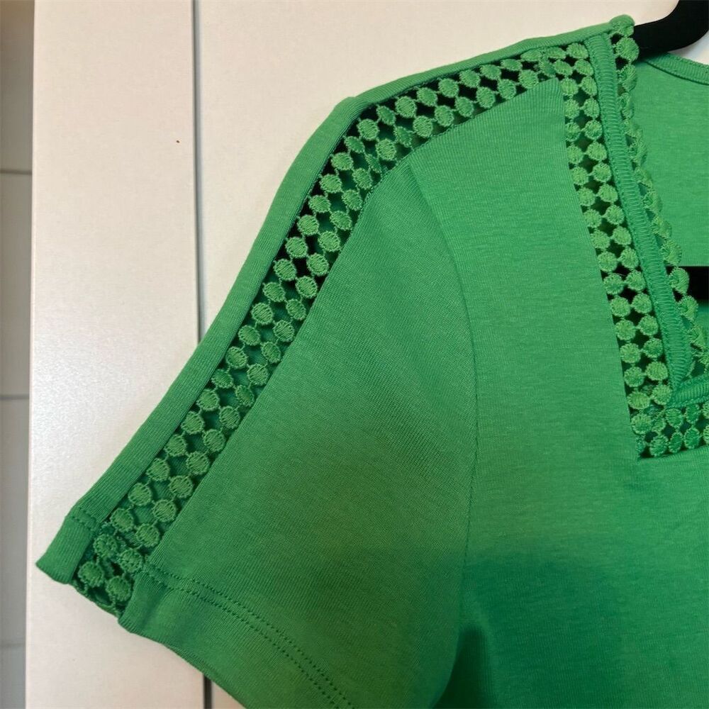 Rafaella Women's S Green Square Neck Embroidered Blouse Short Sleeve - Picture 4 of 7